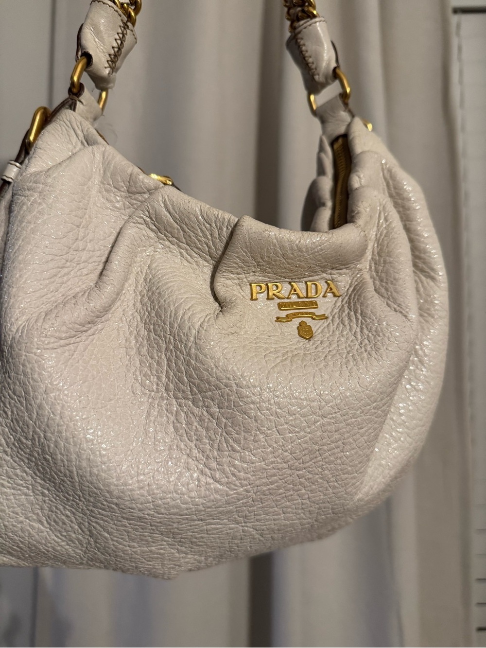 PRADA Cervo Lux Chain Hobo Shoulder Bag Leather Cream GHW PREOWNED - Picture 7 of 16